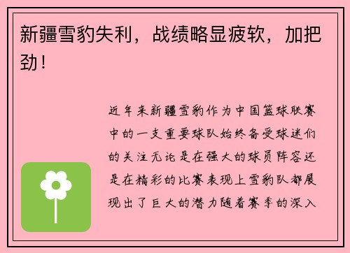 新疆雪豹失利，战绩略显疲软，加把劲！