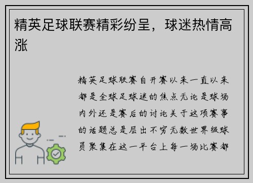 精英足球联赛精彩纷呈，球迷热情高涨