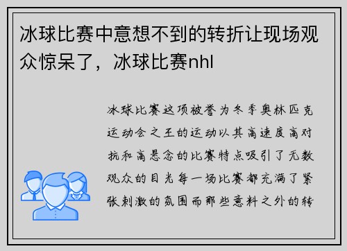 冰球比赛中意想不到的转折让现场观众惊呆了，冰球比赛nhl