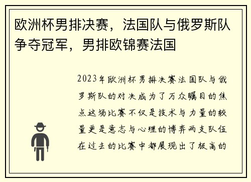 欧洲杯男排决赛，法国队与俄罗斯队争夺冠军，男排欧锦赛法国