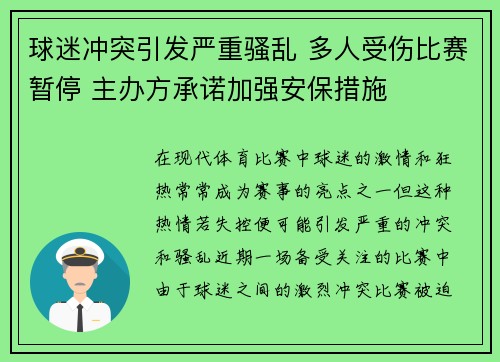 球迷冲突引发严重骚乱 多人受伤比赛暂停 主办方承诺加强安保措施
