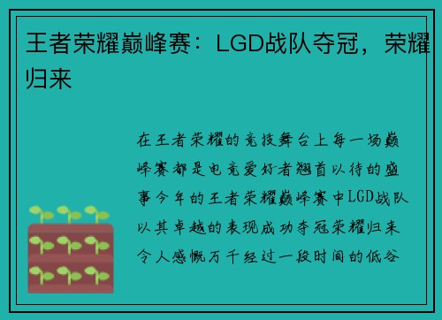 王者荣耀巅峰赛：LGD战队夺冠，荣耀归来